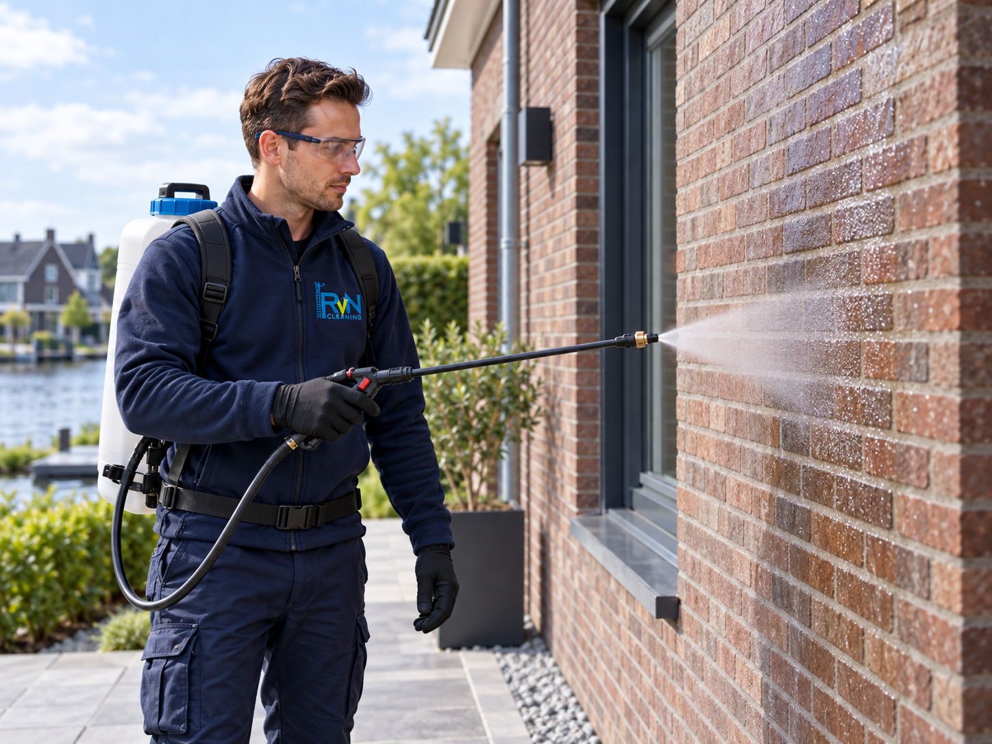 Medewerker brengt impregneermiddel met een rugsproeier op een bakstenen gevel aan